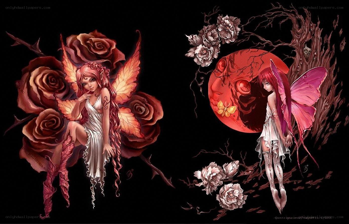 Two fairies in a dark garden