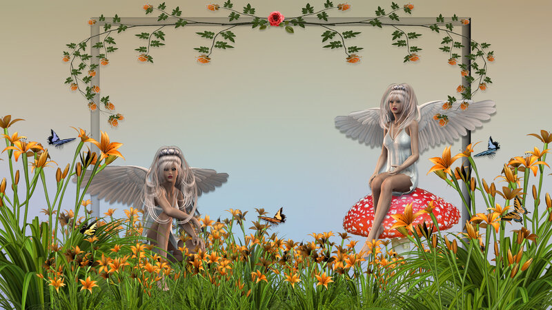 Two fairies in a flower garden