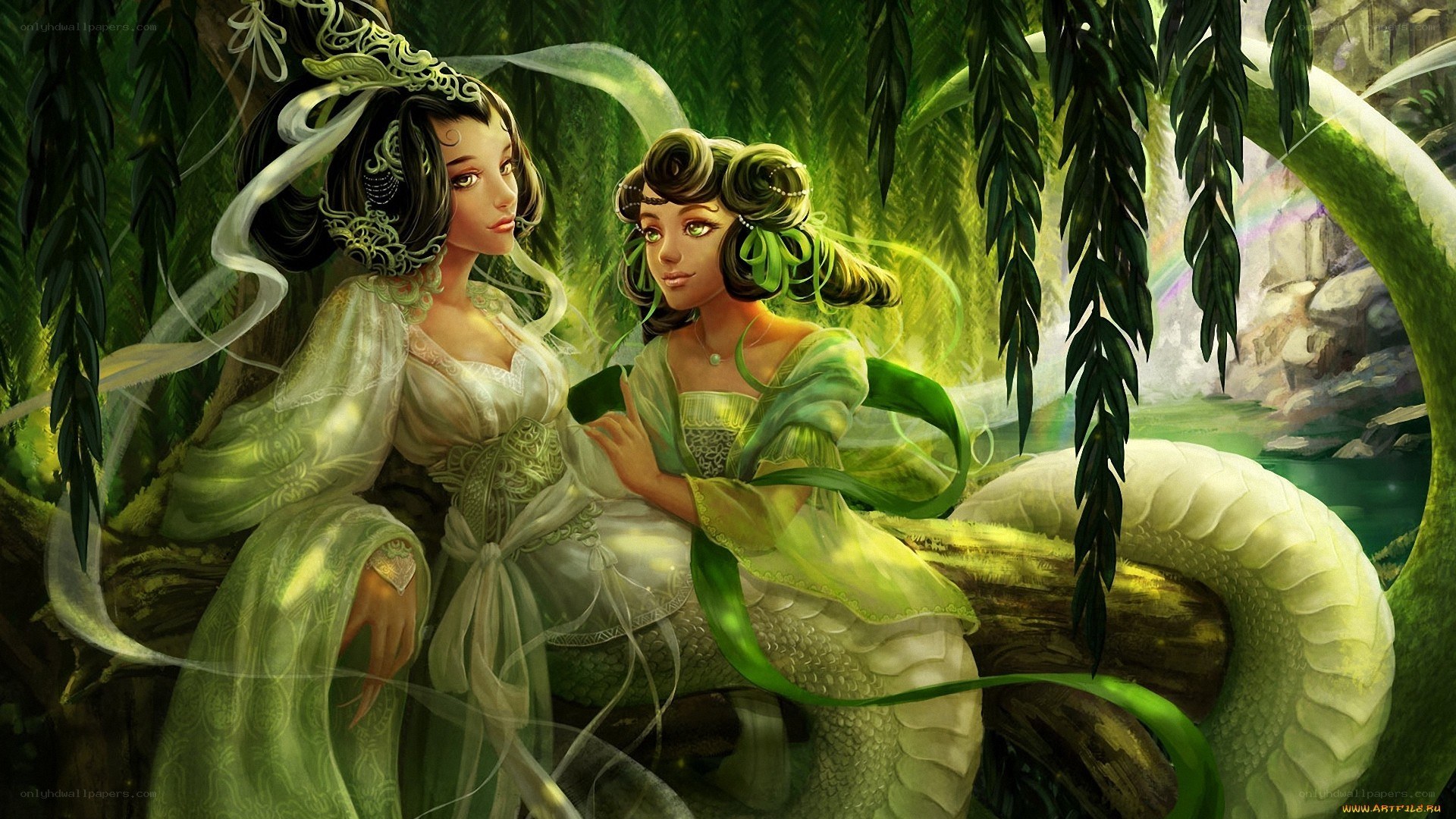 Two fairies in a forest
