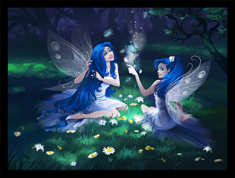 Two Fairies in a Forest — Blue