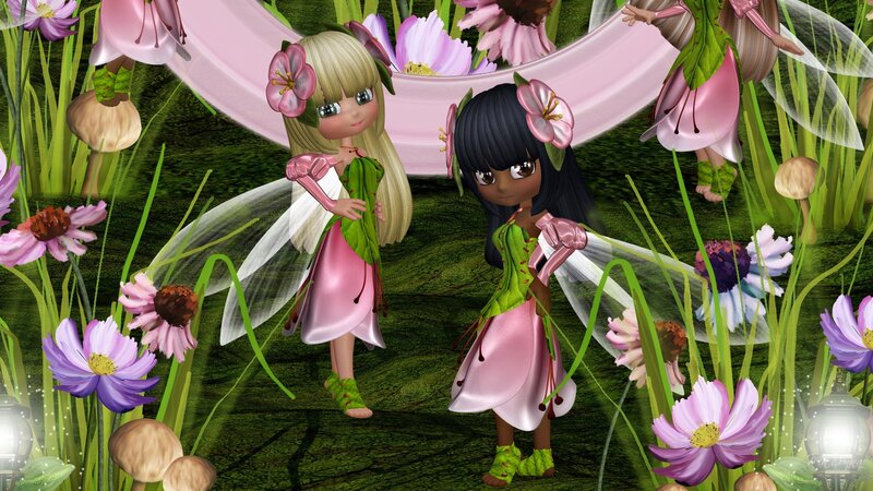 Two Fairies in a Garden — Pink