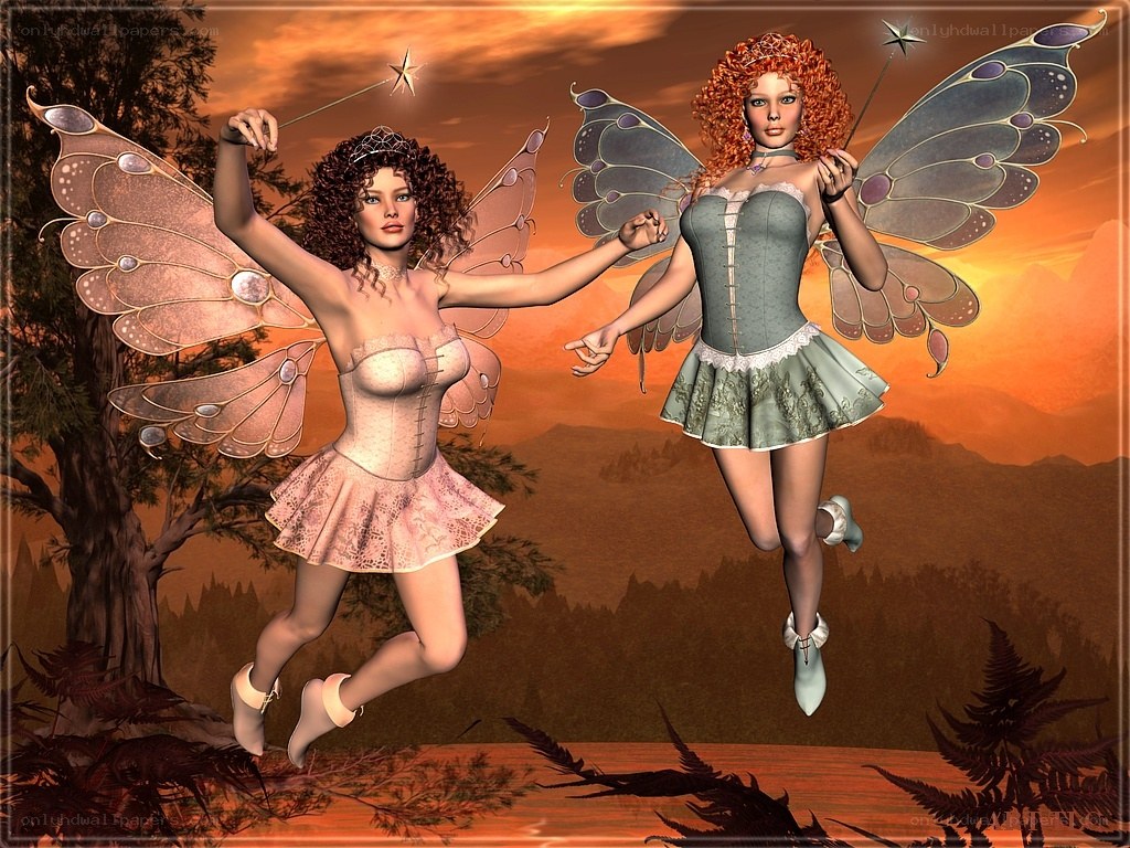 Two fairies in a sunset forest