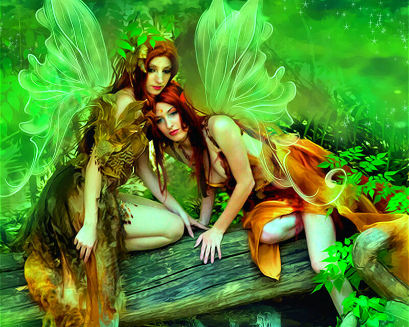 Two Fairies in Forest — Green, Fantasy