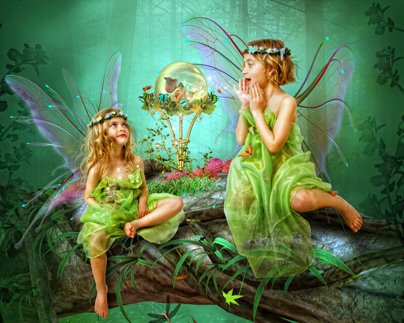 Two Fairies in Forest — Green, Magical, Night, Digital Art