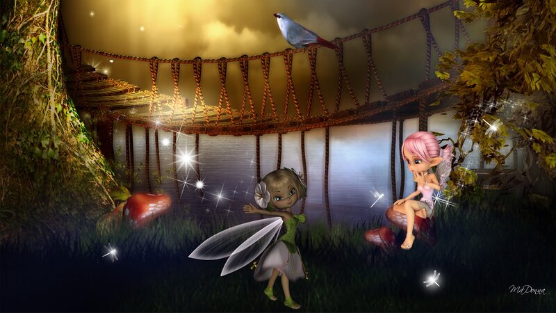 Two Fairies in Forest — Green, Magical, Night