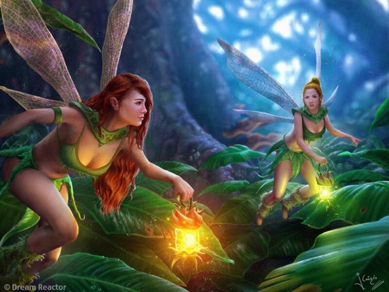 Two Fairies in Forest — Green, Mysterious