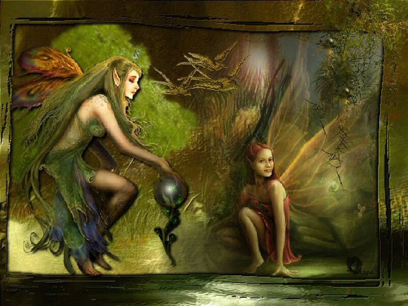 Two Fairies in Forest — Green, Mystical, Night, Digital Art, Glowing Orb
