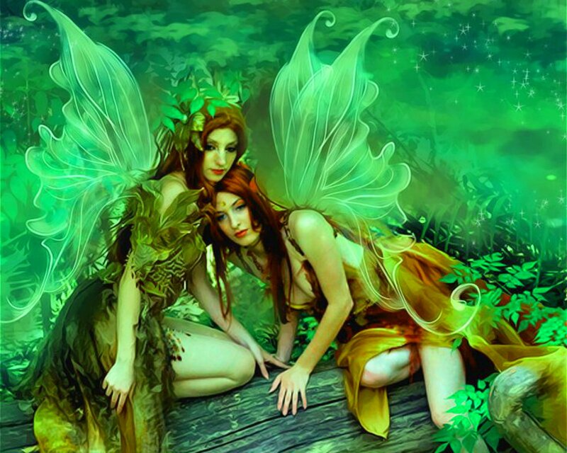 Two Fairies in Forest — Green, Serene, Digital Art