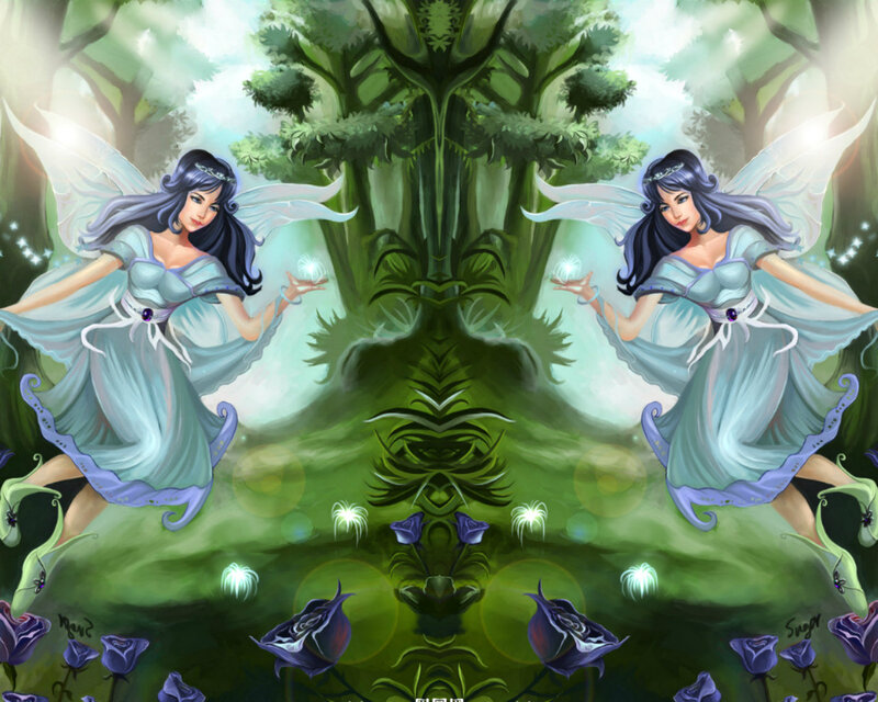 Two Fairies in Forest — Green, Serene, Night, Digital Art