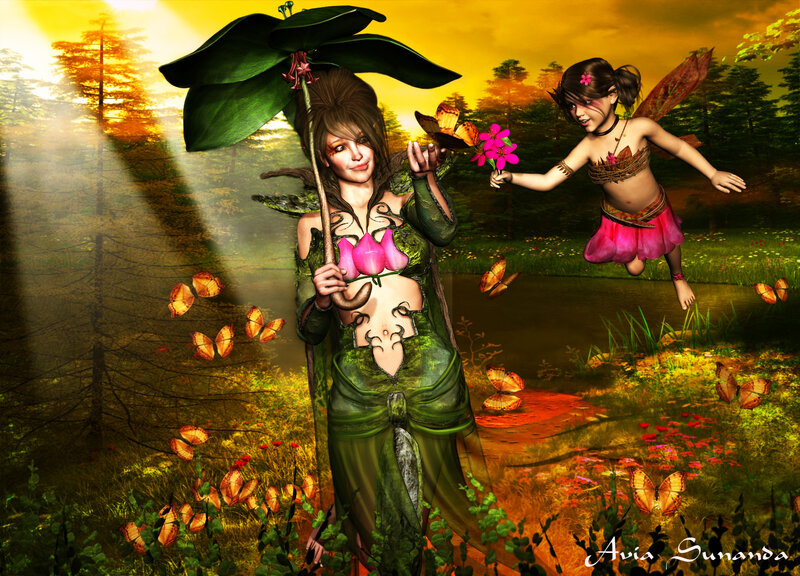 Two Fairies in Forest — Green, Serene, Sunset