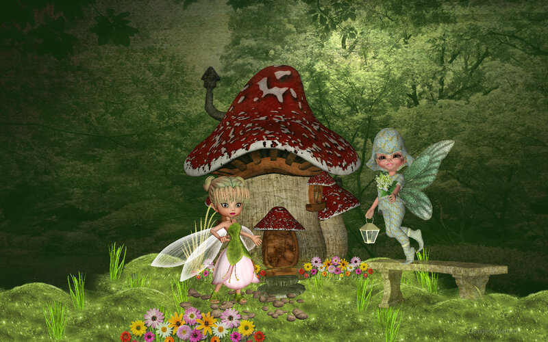 Two Fairies in Forest — Green, Whimsical, Night