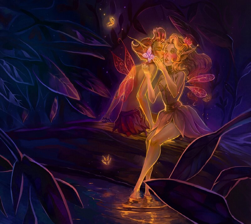 Two Fairies in Forest — Purple, Mystical, Night