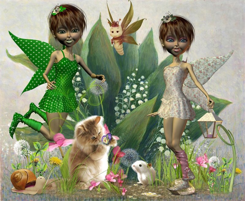 Two Fairies in Garden — Green