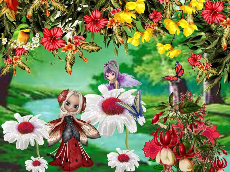 Two Fairies in Garden — Green, Whimsical, Afternoon