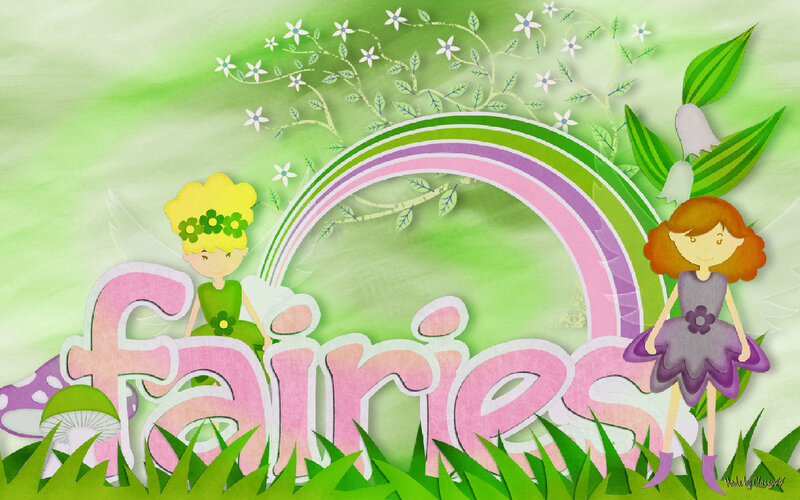 Two Fairies in Garden — Green, Whimsical