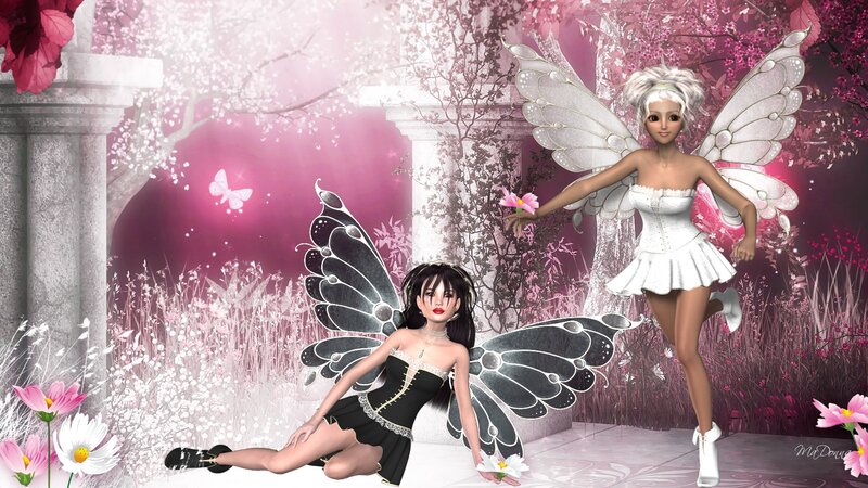Two Fairies in Garden — Pink