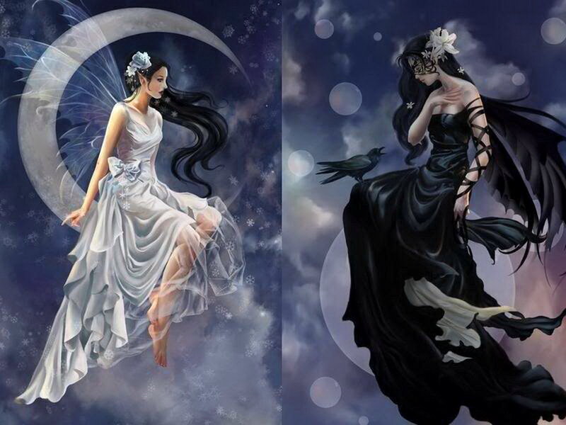 Two Fairies in Night Sky — Black