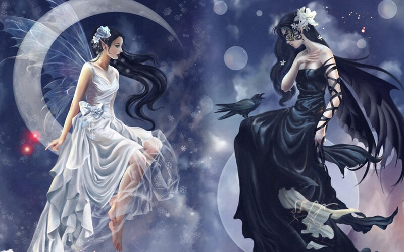 Two Fairies in Night Sky