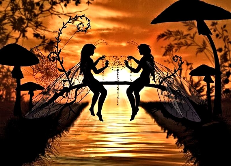 Two Fairies on a Branch — Orange