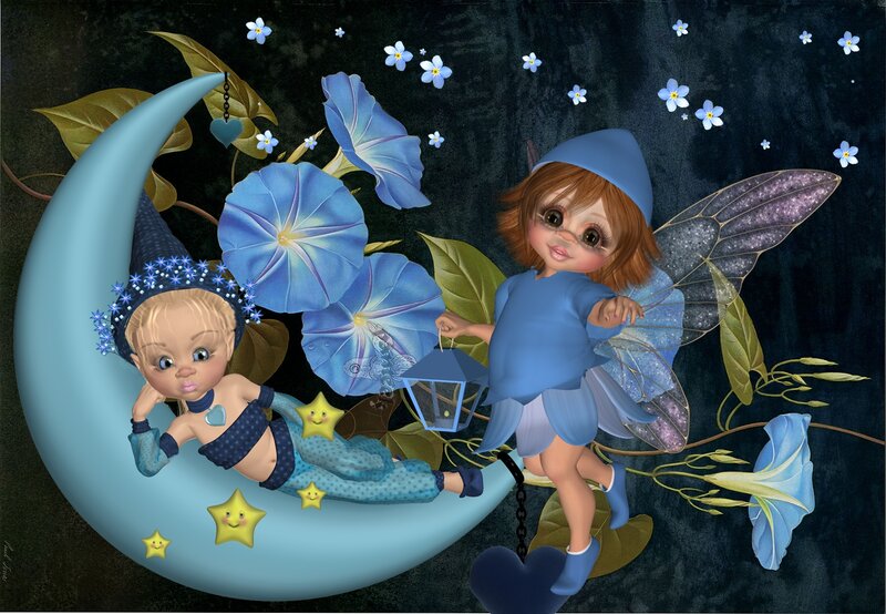Two Fairies on a Crescent Moon — Blue