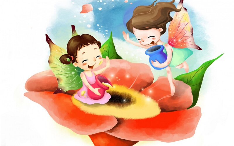 Two Fairies on a Flower — Red