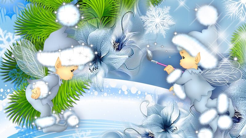Two Fairies Painting Snowflakes — Blue