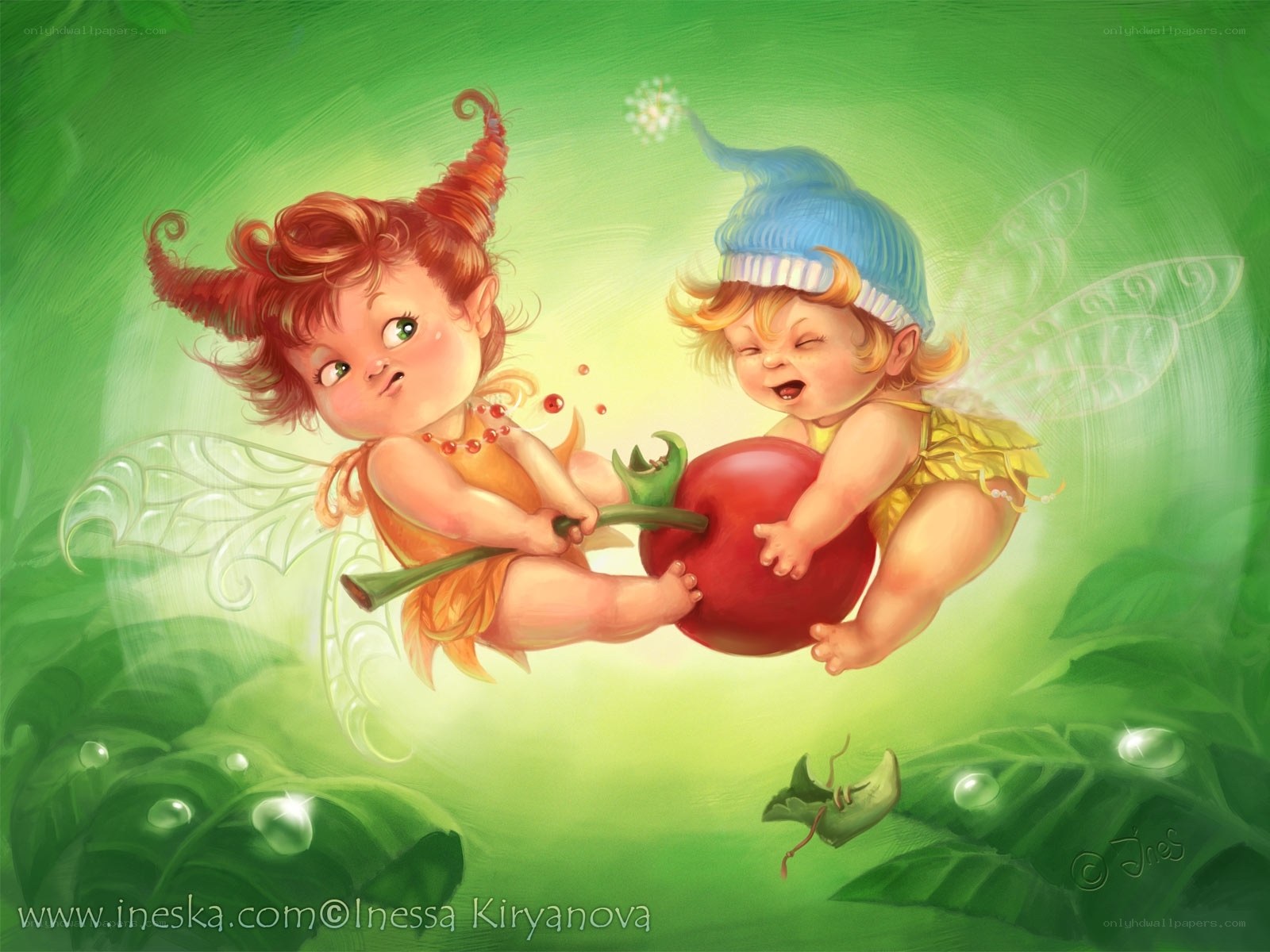 Two fairies sharing a fruit