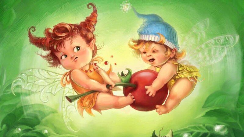 two fairies sharing an apple