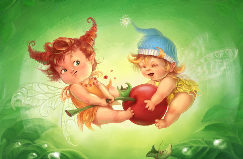 Two Fairies Sharing an Apple — Green