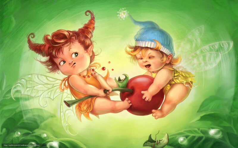 Two fairies sharing an apple