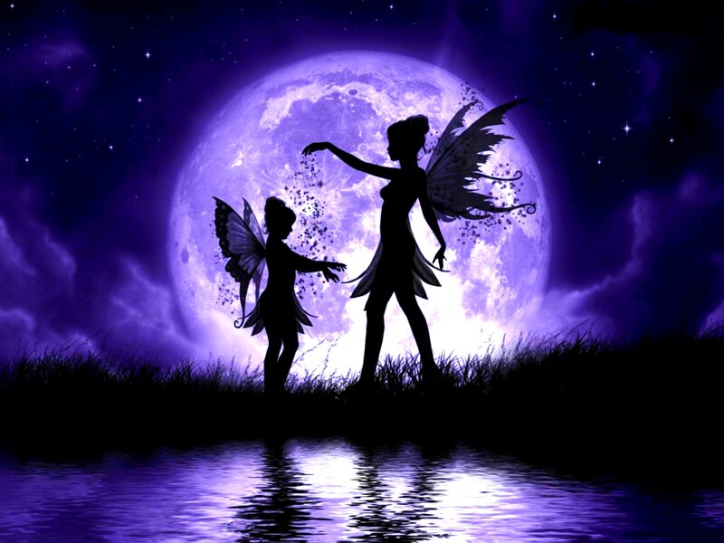 Two Fairies Silhouetted — Purple, Magical