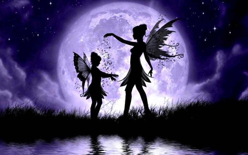 Two Fairies Silhouetted — Purple, Serene, Night