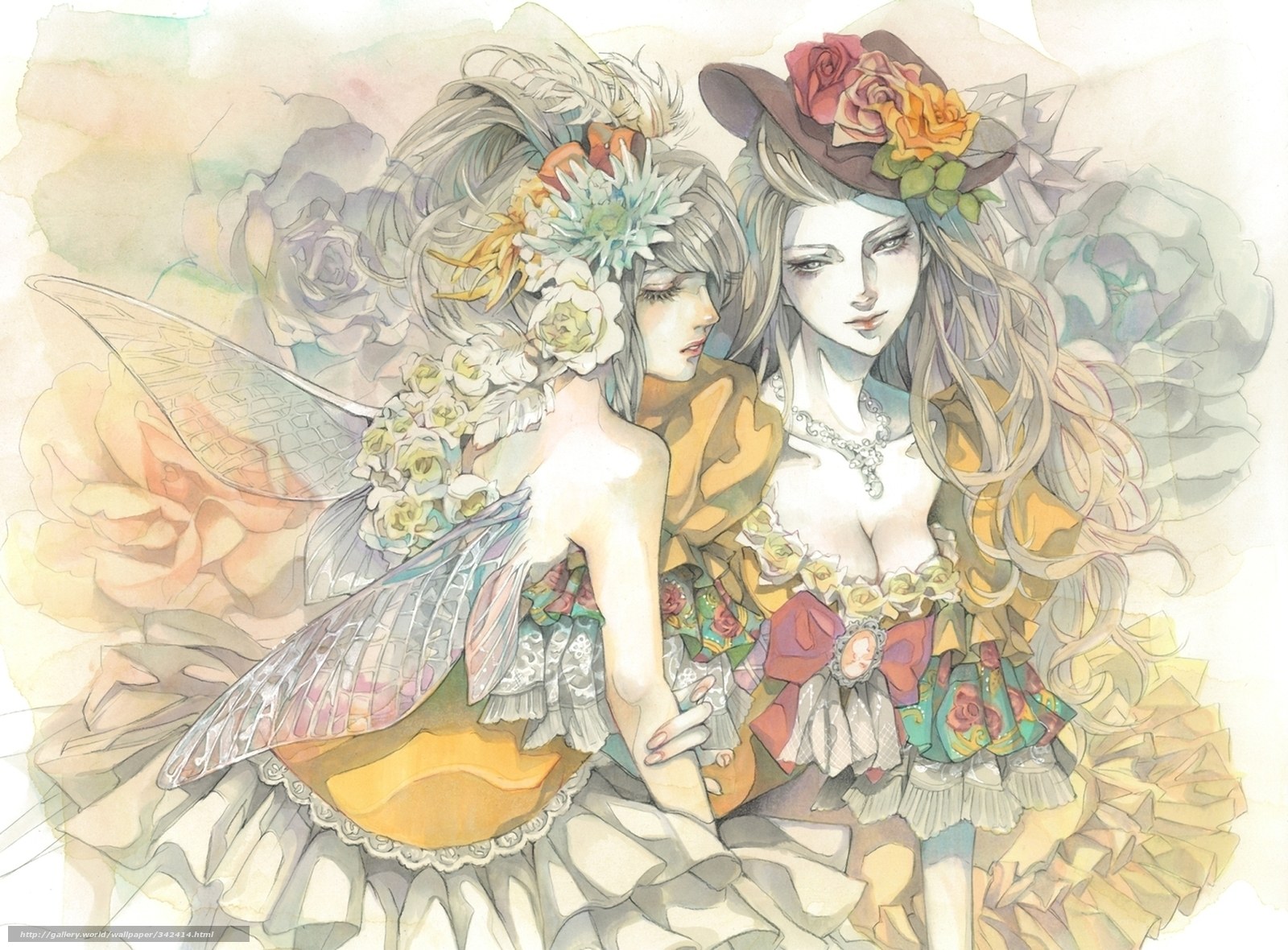 Two fairies with floral crowns