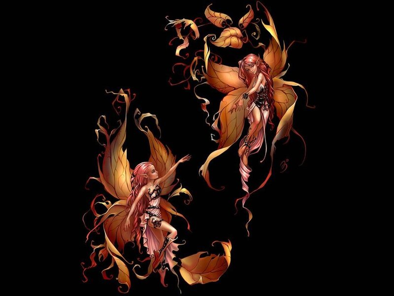 Two Fairies with Leaf Wings — Orange, Dramatic