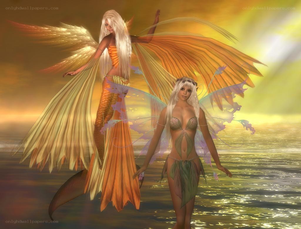 Two fairies with wings on a beach