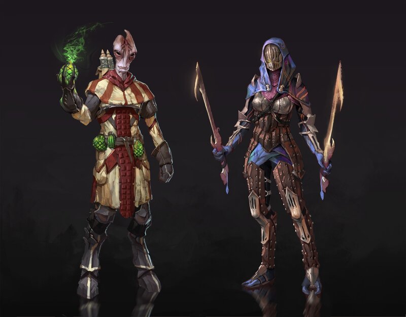 Two Fantasy Characters — Black, Dramatic, Night, Digital Art, Armor
