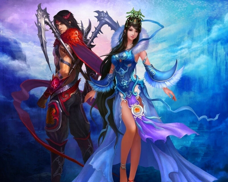 Two Fantasy Characters — Blue, Dramatic, Digital Art, Sword