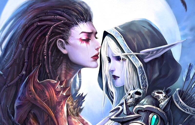 Two Fantasy Characters — Blue, Dramatic, Night, Digital Art, Moon