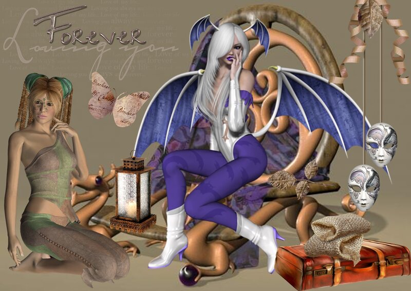 Two Fantasy Characters — Purple, Dramatic, Digital Art, Wings, Masks