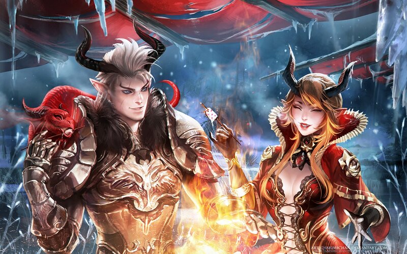 Two Fantasy Characters — Red, Dramatic, Winter, Digital Art