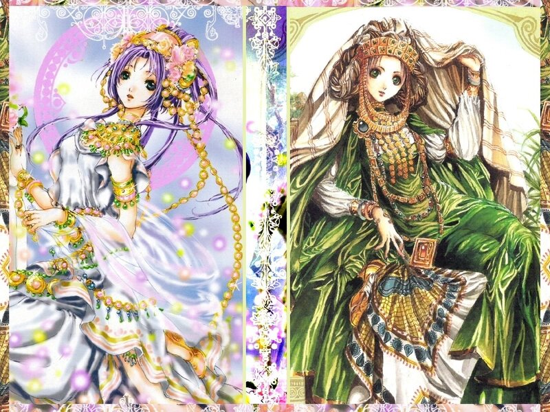 Two fantasy princesses in ornate gowns