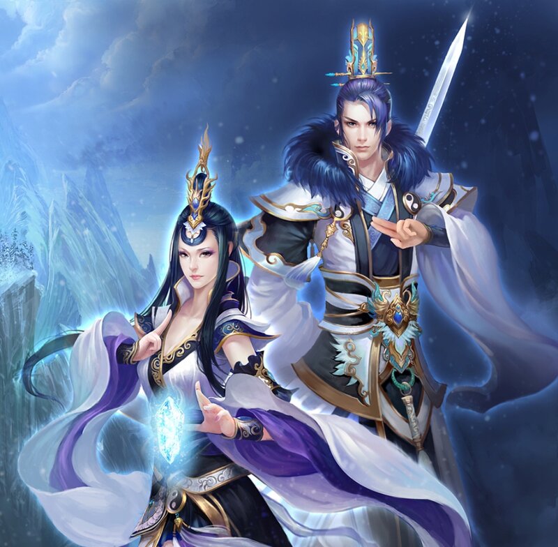 Two Fantasy Warriors — Blue, Dramatic, Night, Digital Art