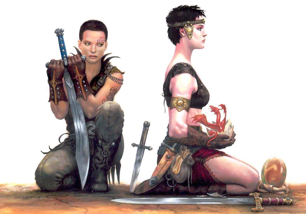 Two fantasy warriors kneeling