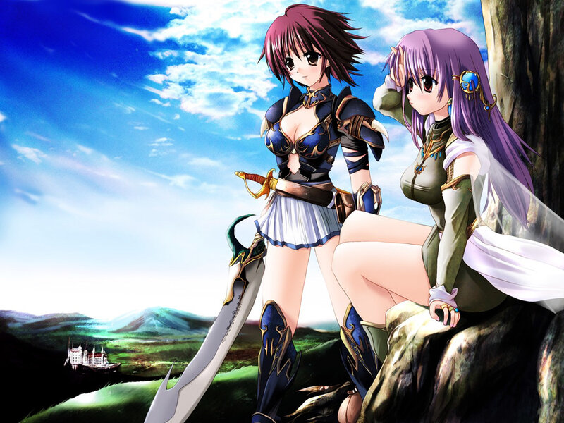 Two fantasy warriors on a cliff