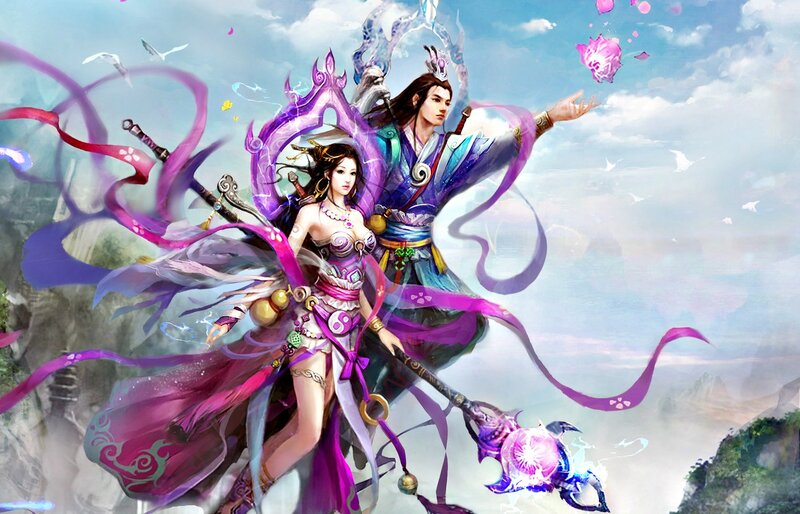 Two Fantasy Warriors — Purple, Dramatic, Digital Art, Swords