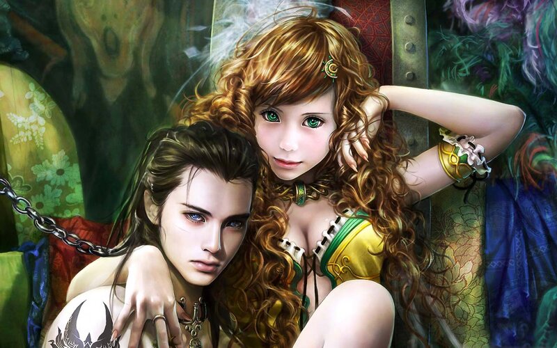 Two Fantasy Women — Green, Dramatic, Digital Art