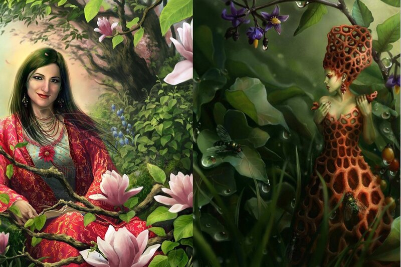 Two fantasy women in gardens
