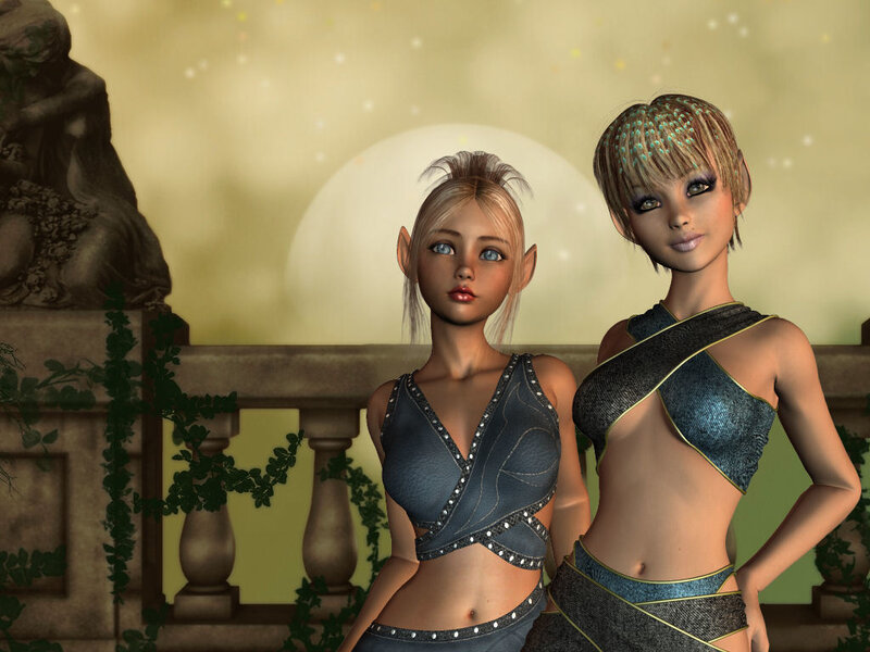Two fantasy women on a balcony