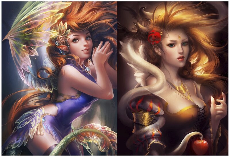 Two Fantasy Women — Purple, Dramatic, Digital Art