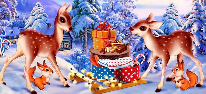 Two Fawns and Two Squirrels
